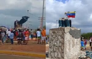 Derriban estatua de Hugo Chávez en protesta tras resultados electorales en Venezuela